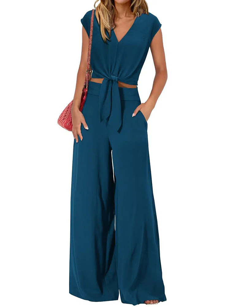 Ladies 2-piece Set – V-neck Crop Top with Bow – High Waist Wide Leg Pants - Image 10