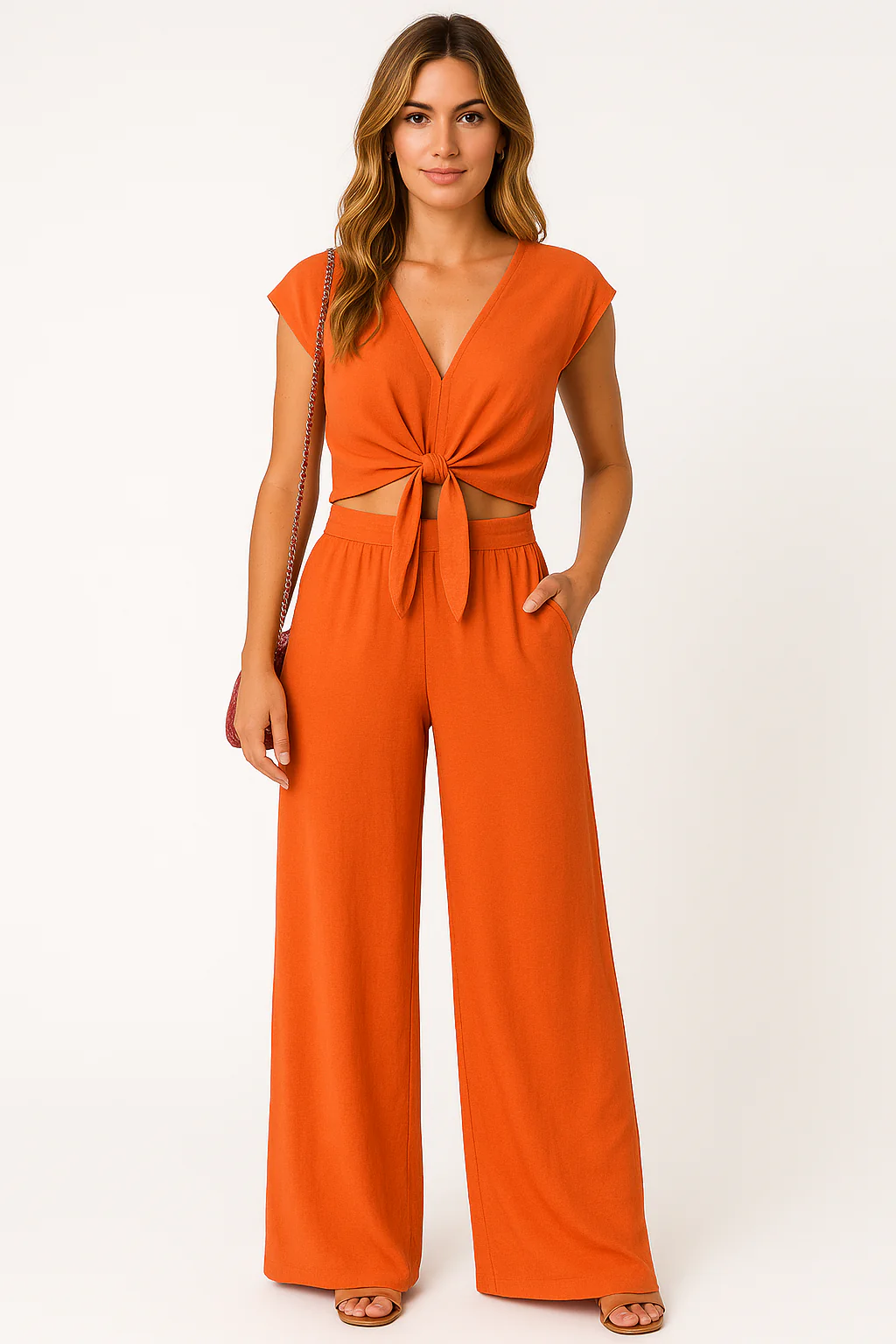 Ladies 2-piece Set – V-neck Crop Top with Bow – High Waist Wide Leg Pants - Image 2