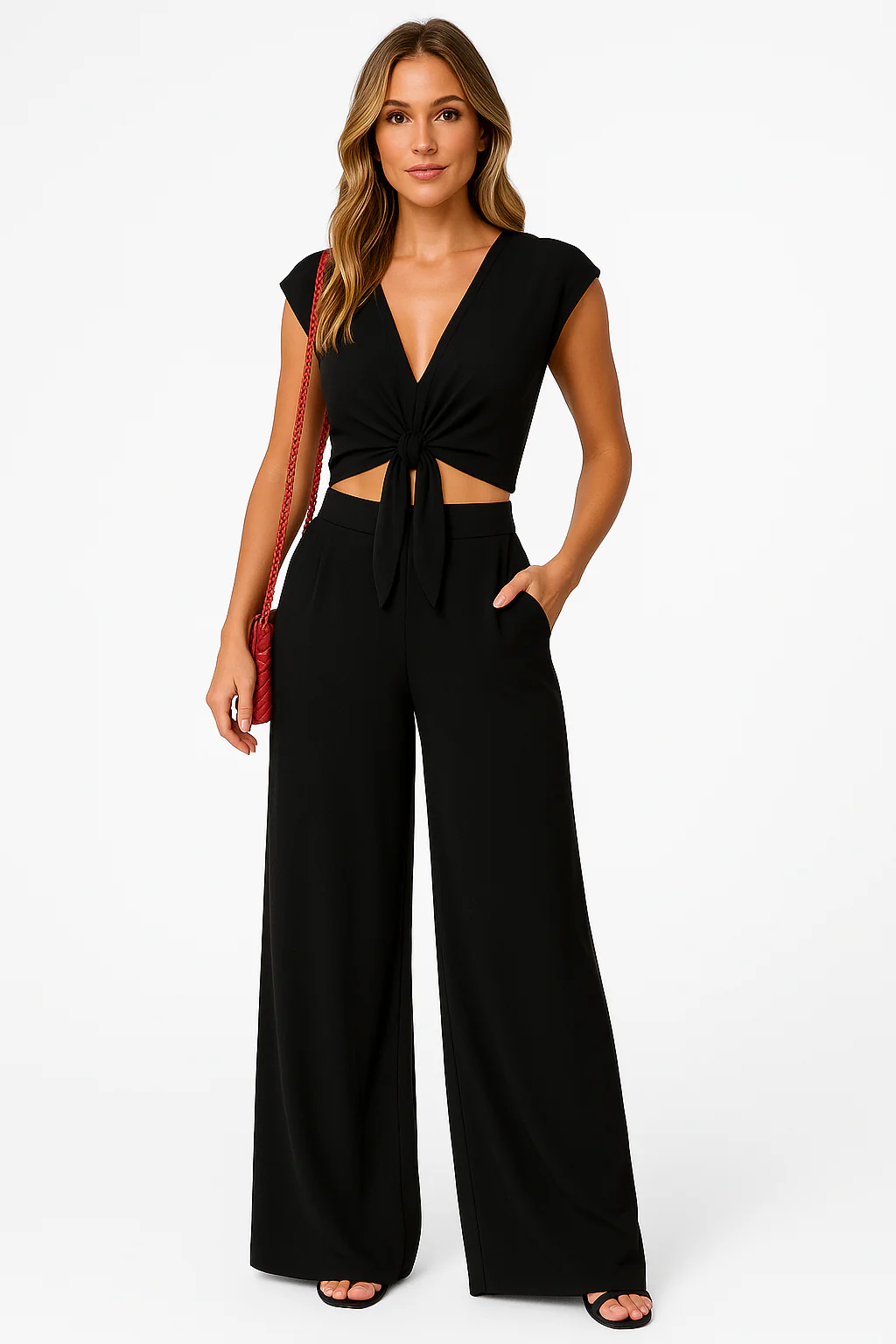 Ladies 2-piece Set – V-neck Crop Top with Bow – High Waist Wide Leg Pants - Image 3