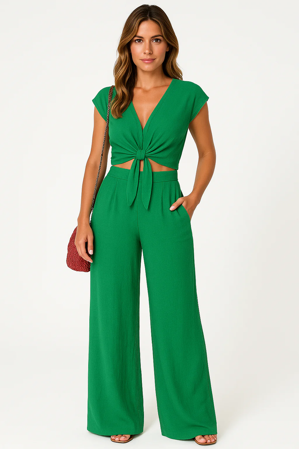 Ladies 2-piece Set – V-neck Crop Top with Bow – High Waist Wide Leg Pants - Image 4