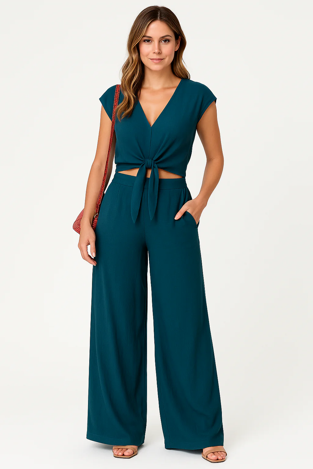 Ladies 2-piece Set – V-neck Crop Top with Bow – High Waist Wide Leg Pants - Image 5