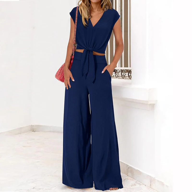 Ladies 2-piece Set – V-neck Crop Top with Bow – High Waist Wide Leg Pants - Image 6