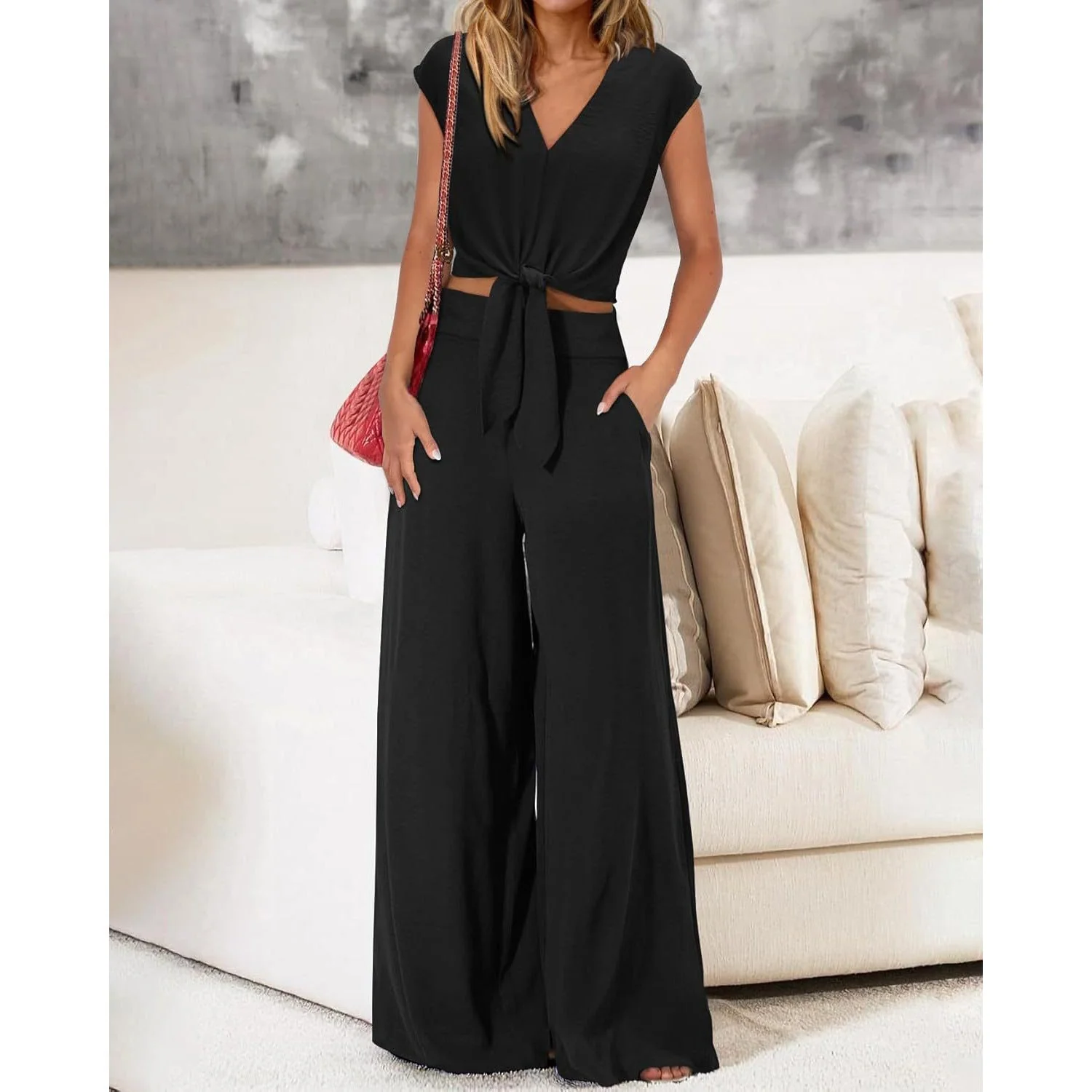 Ladies 2-piece Set – V-neck Crop Top with Bow – High Waist Wide Leg Pants - Image 7
