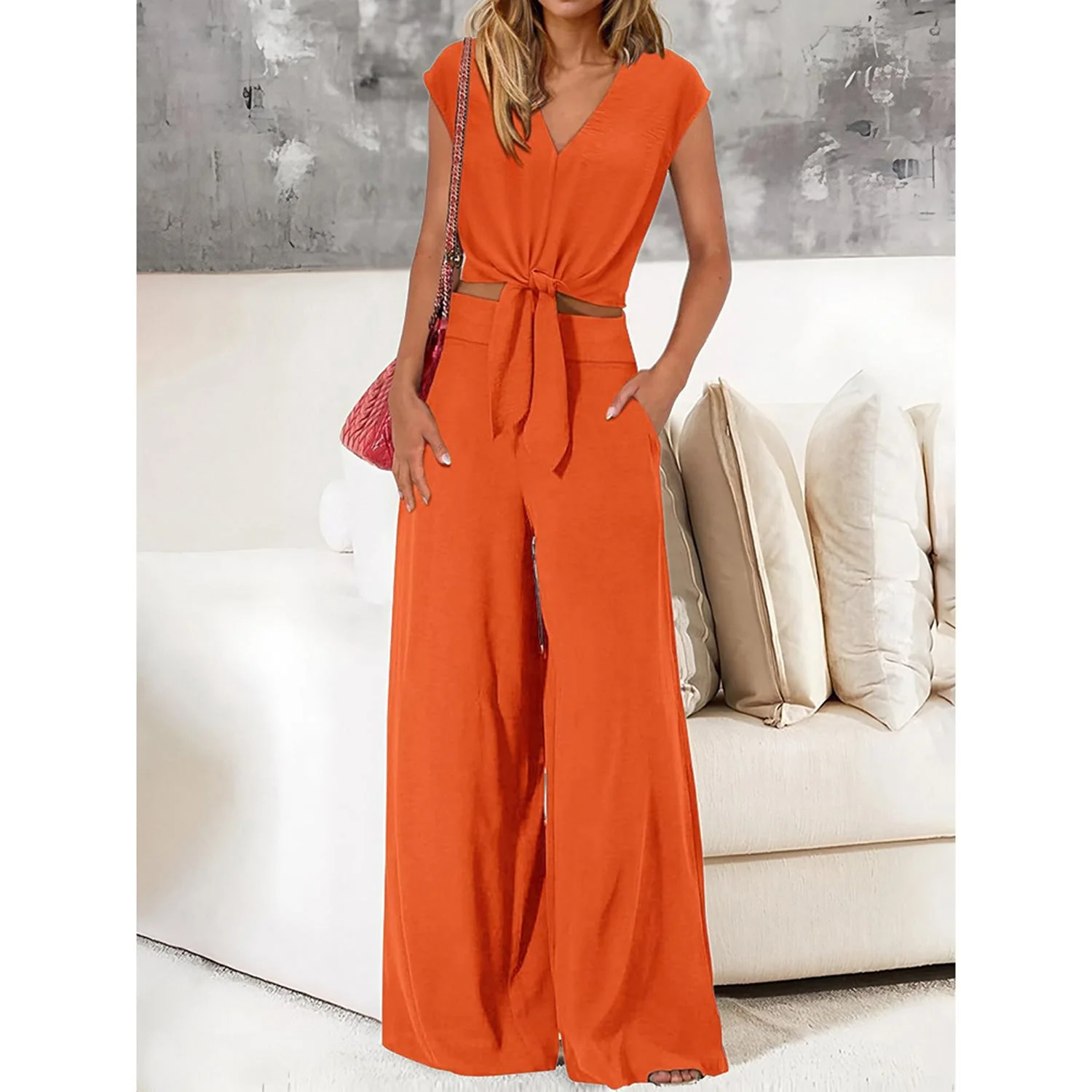 Ladies 2-piece Set – V-neck Crop Top with Bow – High Waist Wide Leg Pants - Image 8