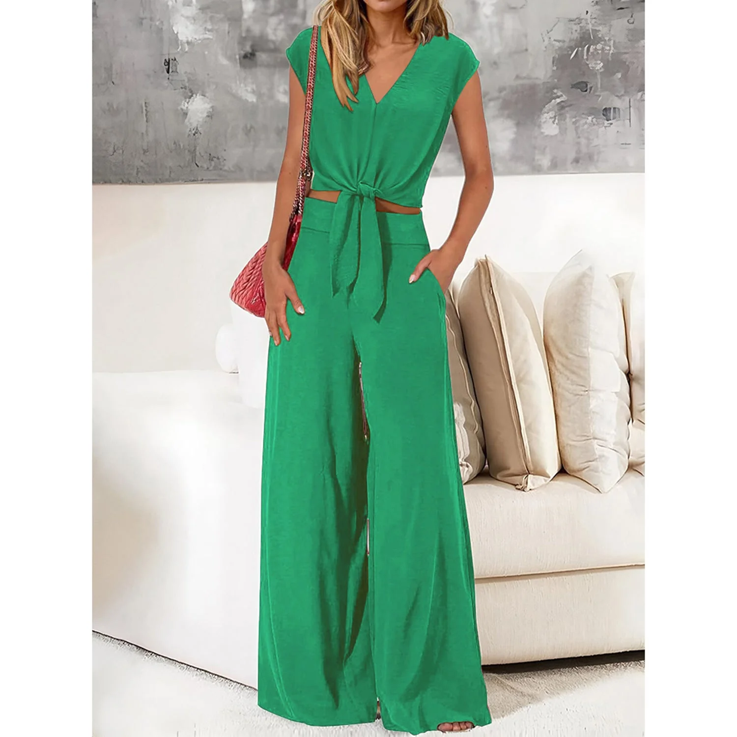 Ladies 2-piece Set – V-neck Crop Top with Bow – High Waist Wide Leg Pants - Image 9