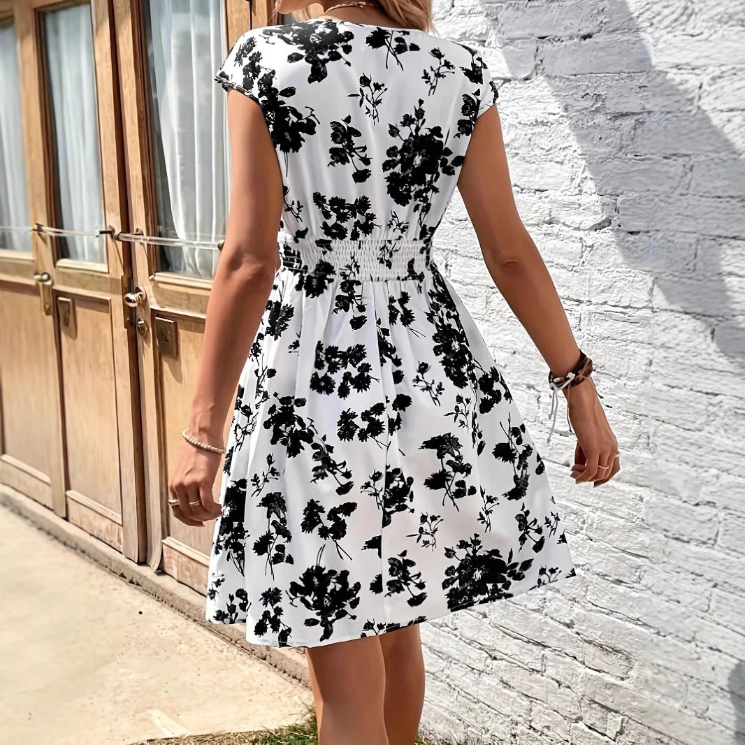 Women's A-line dress – Deep V-neck – Flutter sleeves – Smocked waist – Breathable design - Image 2
