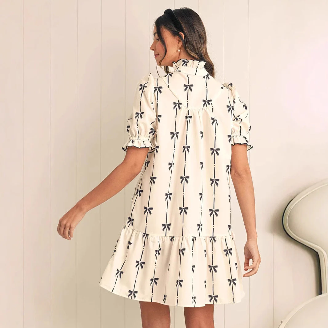 Women's A-line Dress – Cotton – Puff Sleeve – Bow Pattern – Above the Knee - Image 3