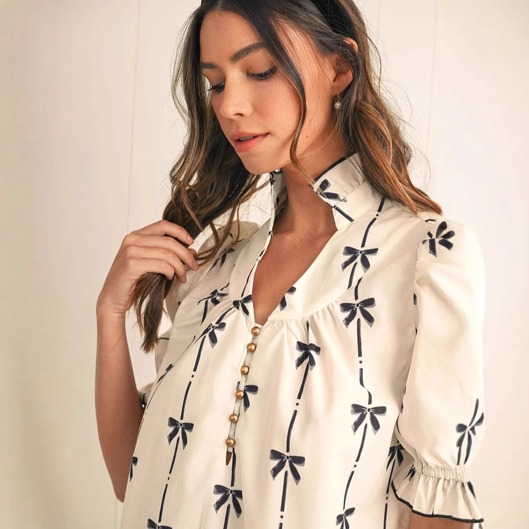 Women's A-line Dress – Cotton – Puff Sleeve – Bow Pattern – Above the Knee - Image 4