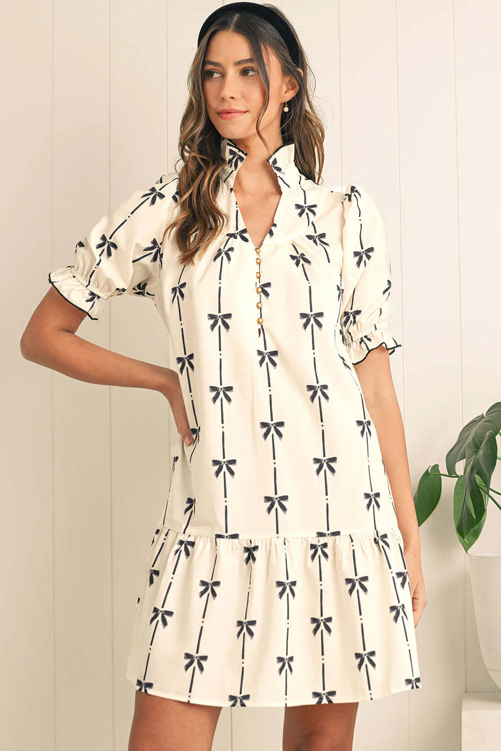 Women's A-line Dress – Cotton – Puff Sleeve – Bow Pattern – Above the Knee - Image 5