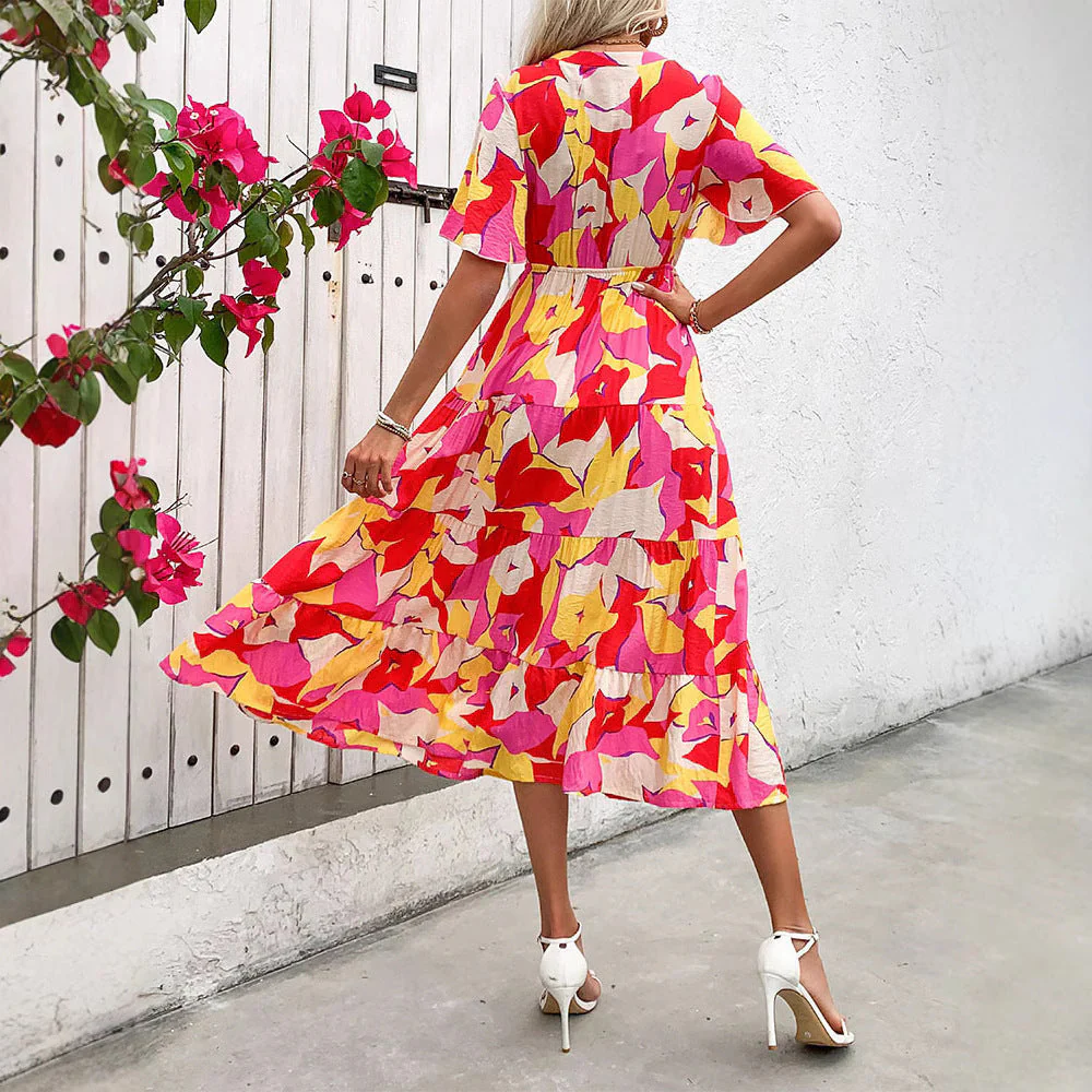 Ladies A-line Dress – Cotton – Ruffle Sleeves – Abstract Print – Button Closure – Midi - Image 2