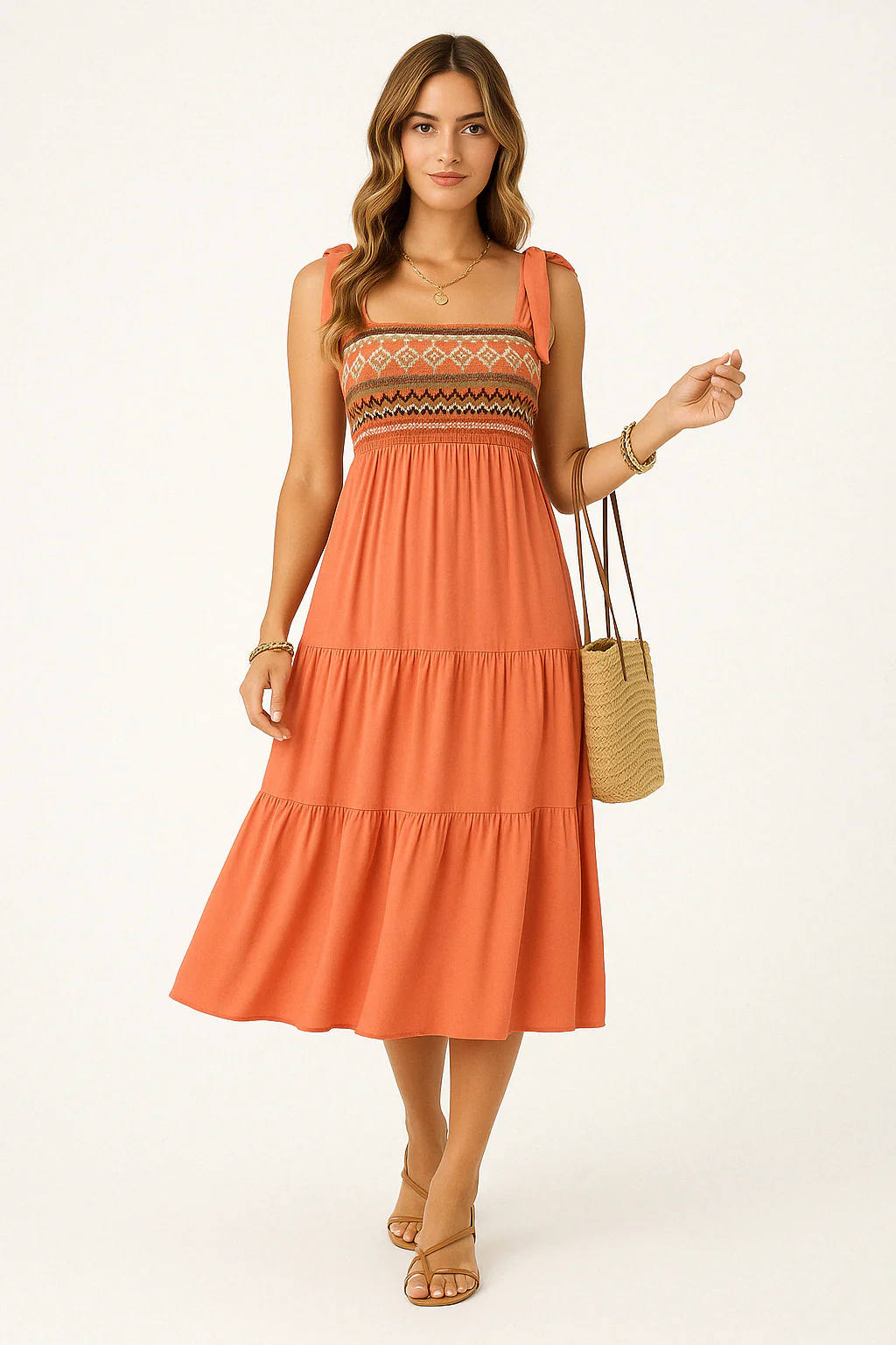 Women's A-line Dress – Cotton Blend – Ethnic Print – Tie Straps – Layered Midi Skirt - Image 2
