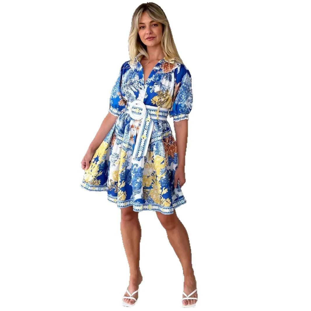 Women's A-line Dress – Cotton blend – V-neck – Puff sleeves – Waist belt – Print - Image 5