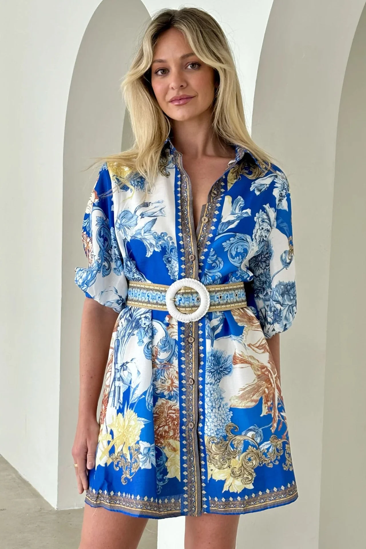 Women's A-line Dress – Cotton blend – V-neck – Puff sleeves – Waist belt – Print - Image 7