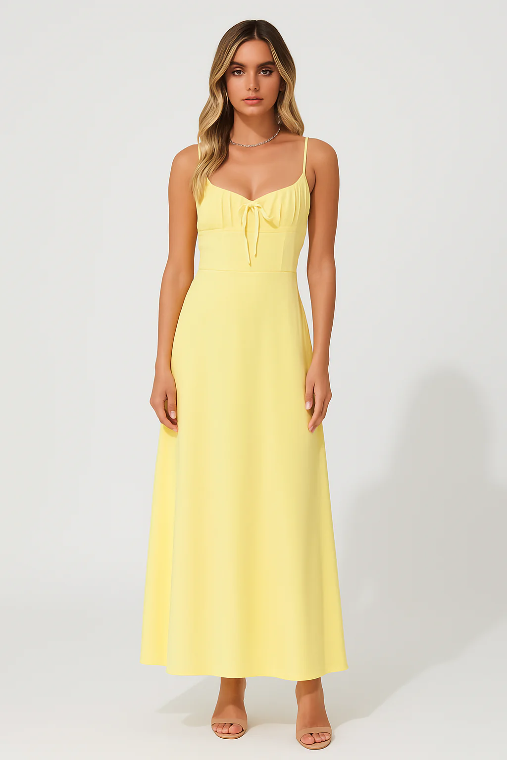 Women's A-line Dress – Linen Cotton Mix – Spaghetti Straps – Front Bow – Maxi Length - Image 2