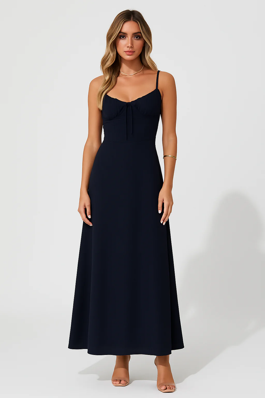 Women's A-line Dress – Linen Cotton Mix – Spaghetti Straps – Front Bow – Maxi Length - Image 3