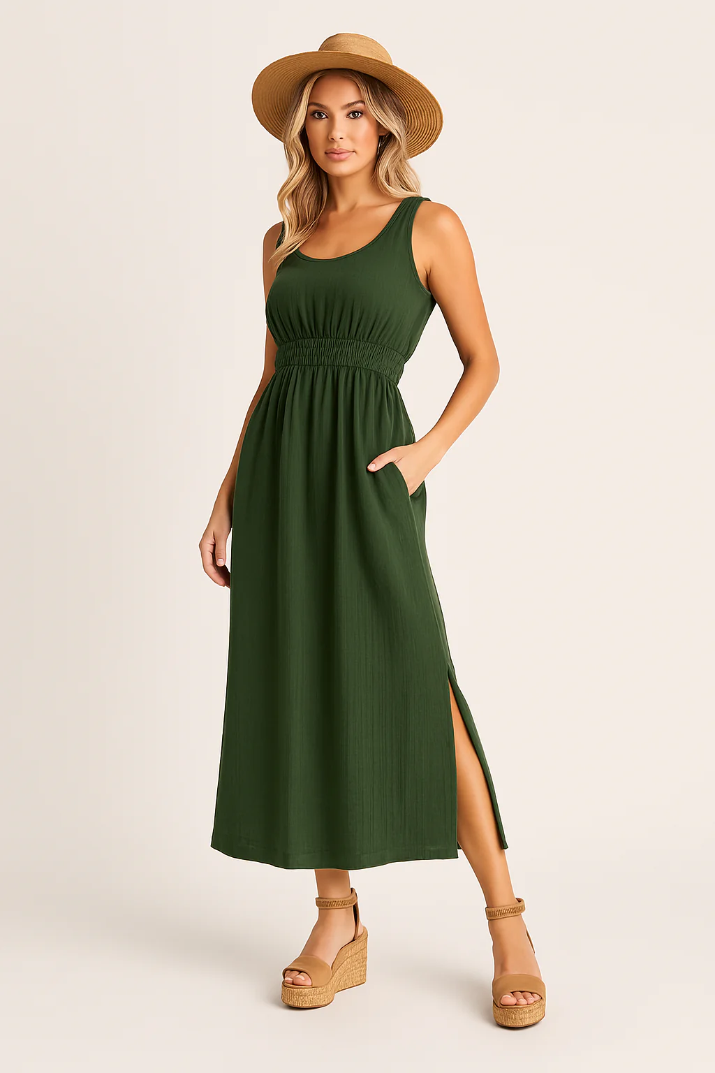 Women's A-line Dress – Sleeveless – Elastic Waist – Side Pockets – Mid-length – Breathable - Image 2