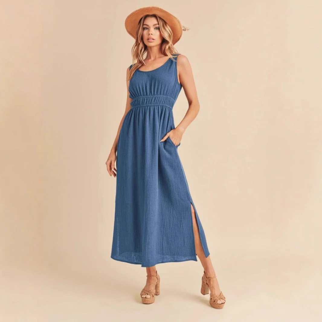 Women's A-line Dress – Sleeveless – Elastic Waist – Side Pockets – Mid-length – Breathable - Image 3
