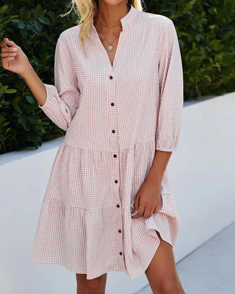 Ladies A-line Dress – Natural Fibers – Check Pattern – Button Closure – 3/4 Sleeve - Image 3