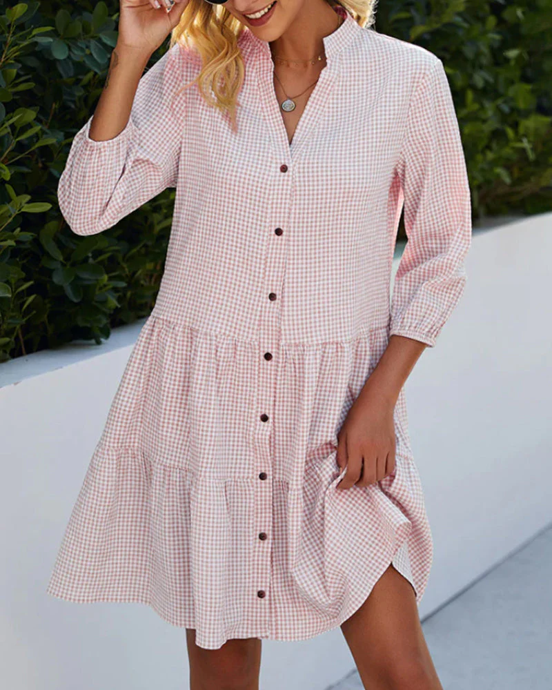 Ladies A-line Dress – Natural Fibers – Check Pattern – Button Closure – 3/4 Sleeve - Image 5