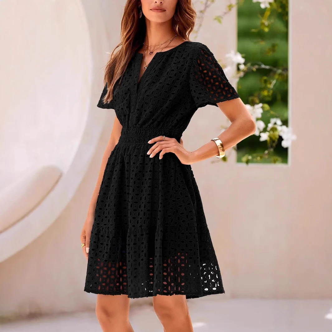 Women's A-line Dress – V-neck – Cotton Blend – Short Sleeve – Embroidered with Smocked Waist - Image 2