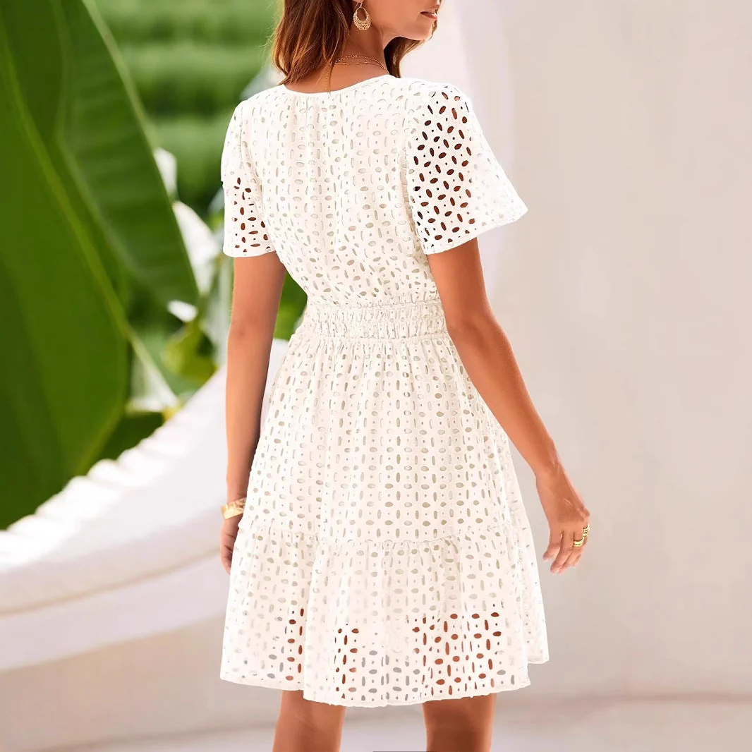 Women's A-line Dress – V-neck – Cotton Blend – Short Sleeve – Embroidered with Smocked Waist - Image 4