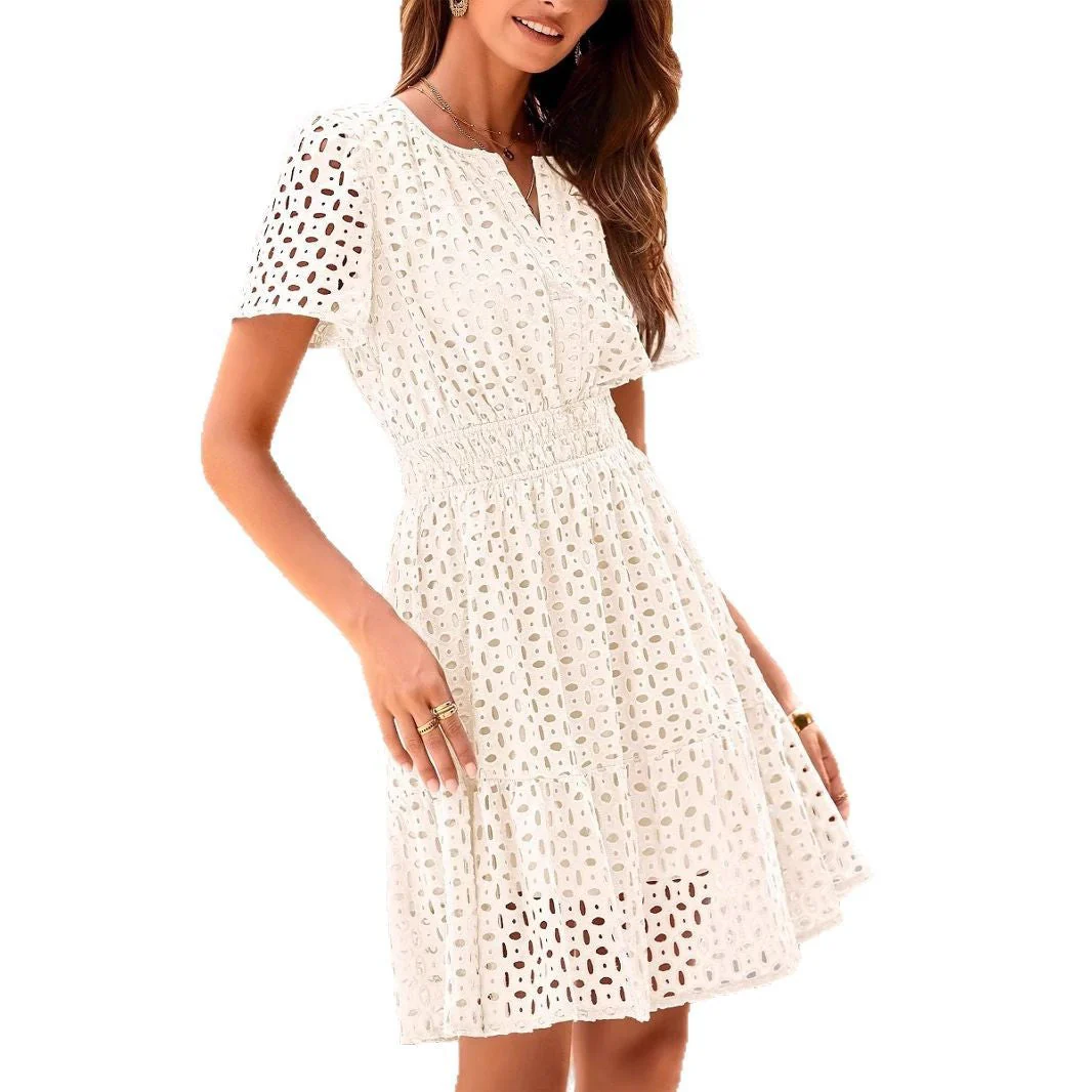 Women's A-line Dress – V-neck – Cotton Blend – Short Sleeve – Embroidered with Smocked Waist - Image 5