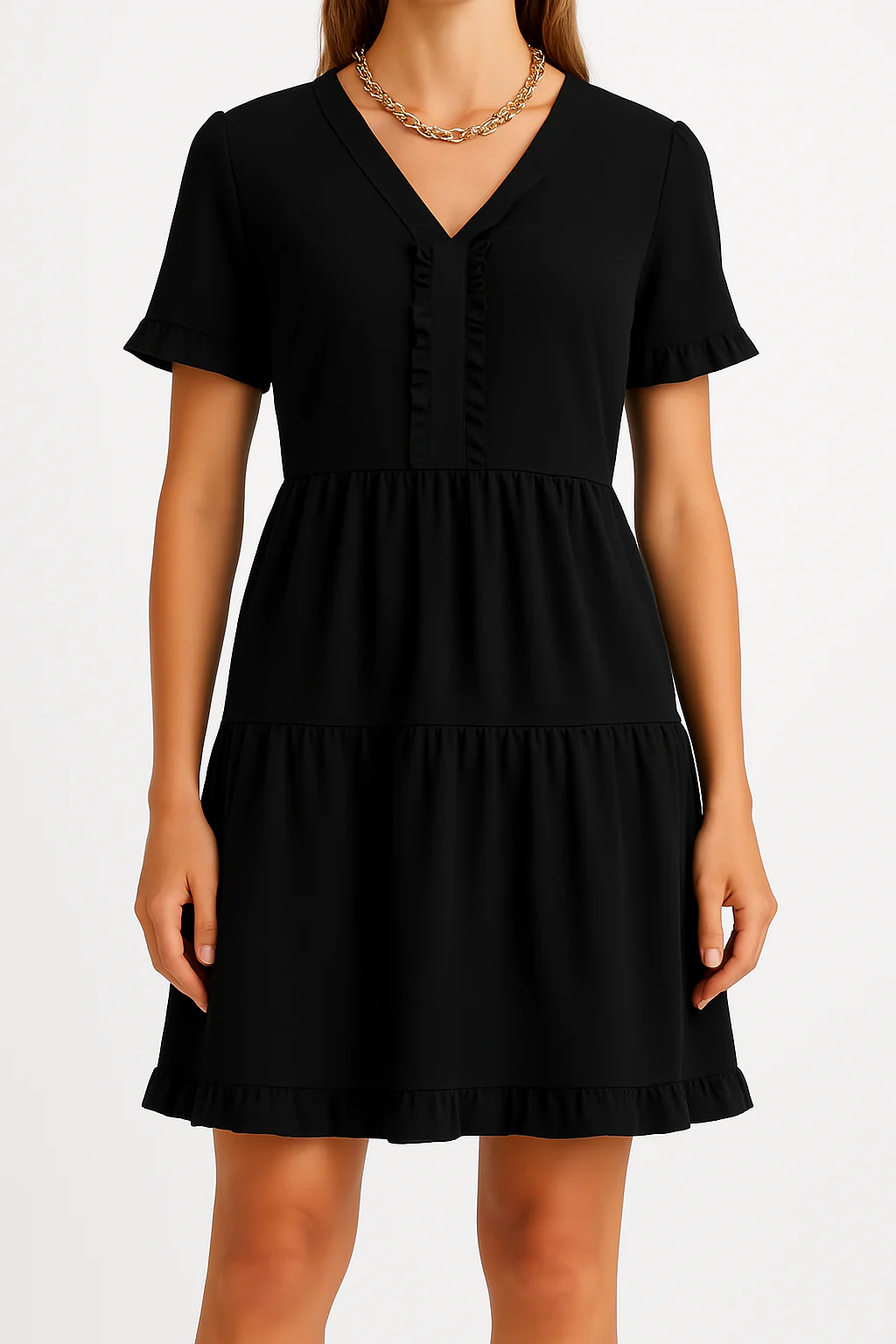 Women's A-line Dress – V-neck – Ruffles – Layered – Lightweight – Short Sleeve - Image 2