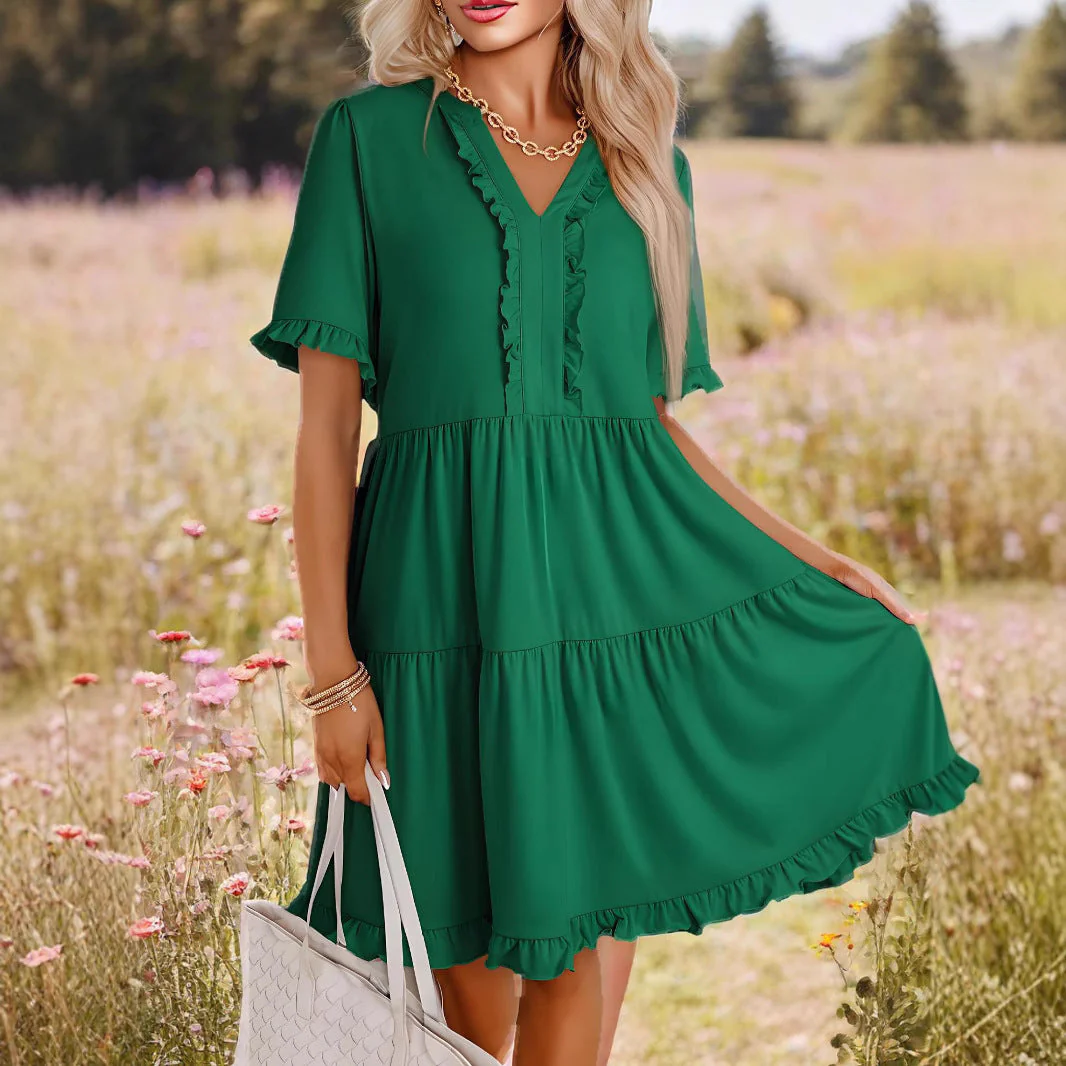 Women's A-line Dress – V-neck – Ruffles – Layered – Lightweight – Short Sleeve - Image 3