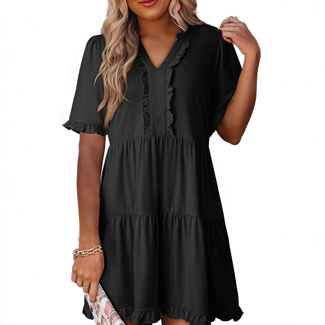 Women's A-line Dress – V-neck – Ruffles – Layered – Lightweight – Short Sleeve - Image 4