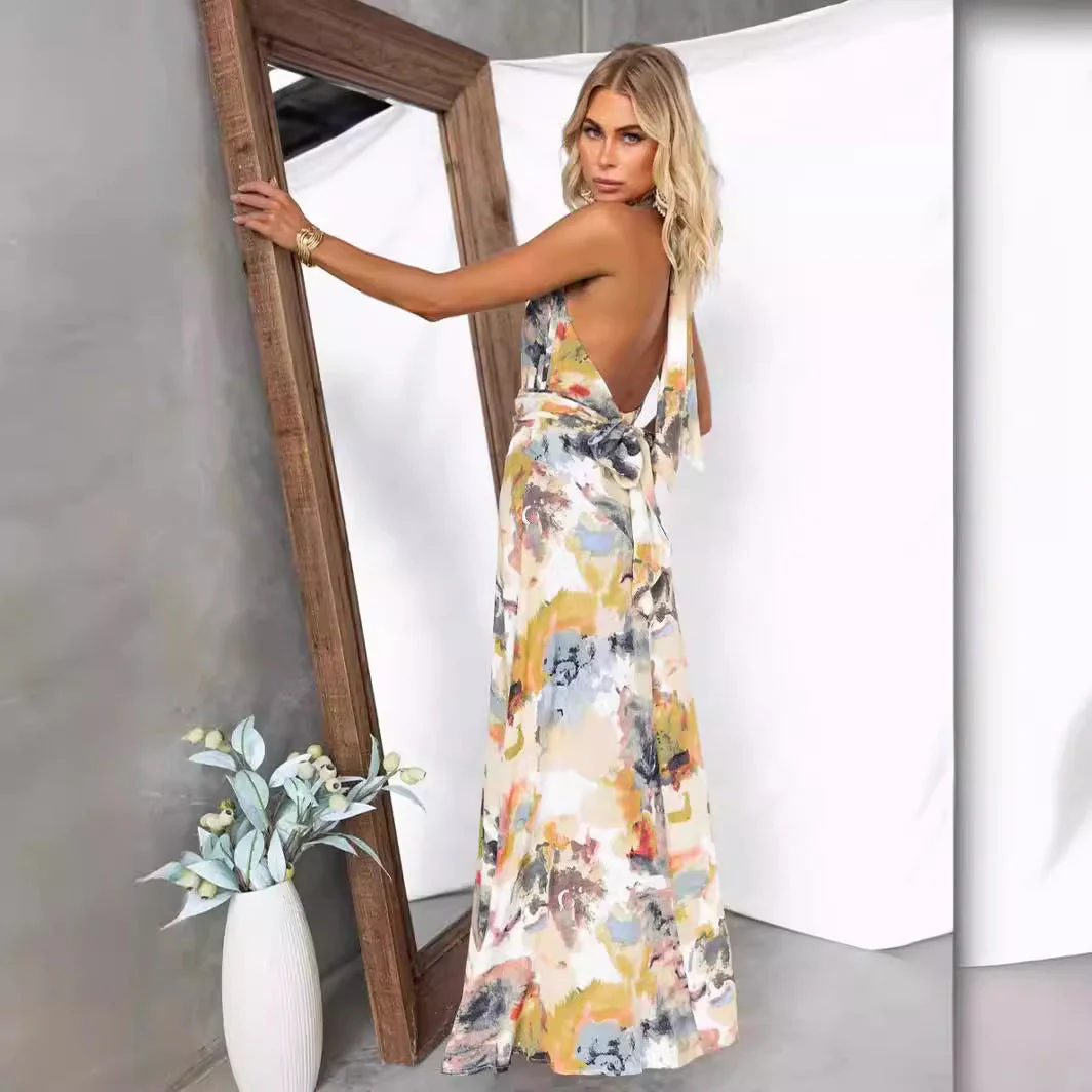 Women's A-line Dress – V-neck – Tie Closure – Breathable Cotton – Maxi Length – Print - Image 2