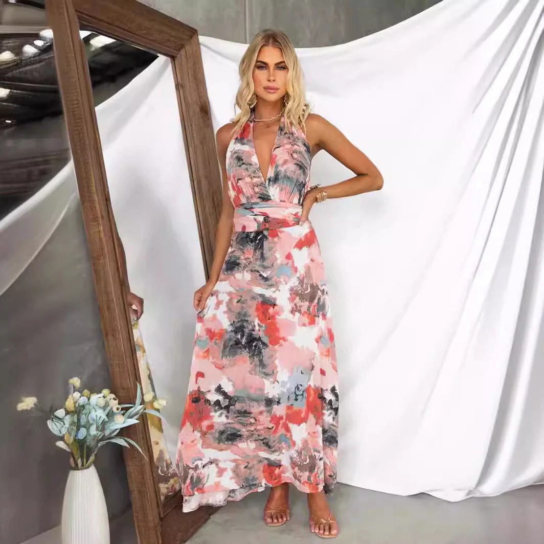 Women's A-line Dress – V-neck – Tie Closure – Breathable Cotton – Maxi Length – Print - Image 3