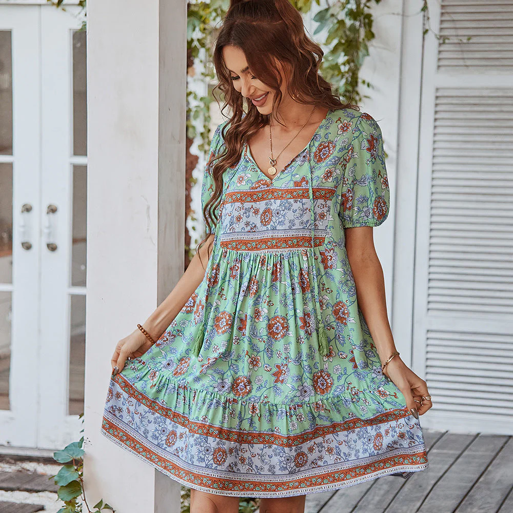 Ladies A-line Mini Dress – Natural Fabrics – V-neck with Bow – Puff Sleeves – Floral Print - Image 2