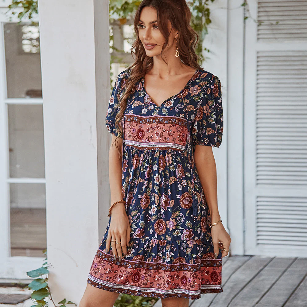 Ladies A-line Mini Dress – Natural Fabrics – V-neck with Bow – Puff Sleeves – Floral Print - Image 3