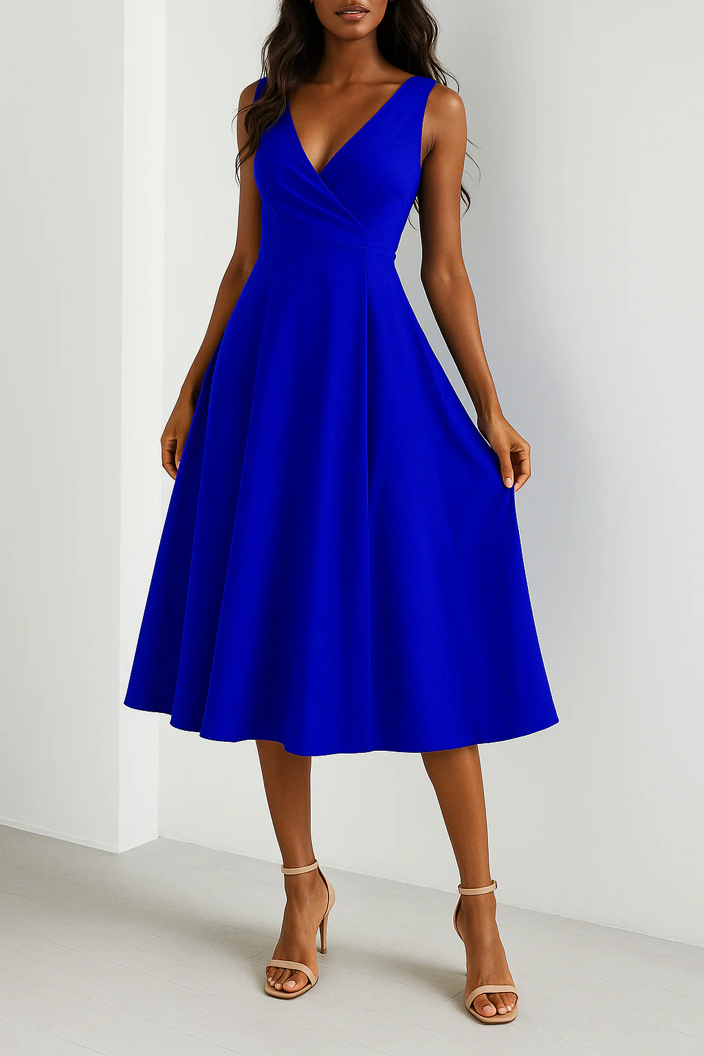 Ladies Evening Dress – A-line Fit – Sleeveless – V-neck – Midi Length – Luxurious Texture - Image 2