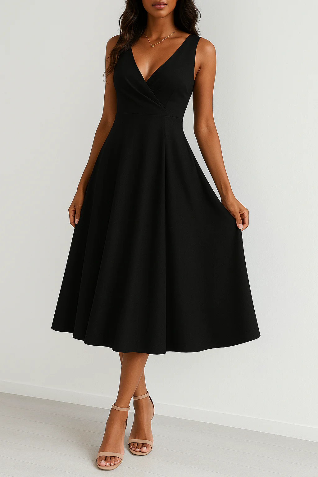 Ladies Evening Dress – A-line Fit – Sleeveless – V-neck – Midi Length – Luxurious Texture - Image 3