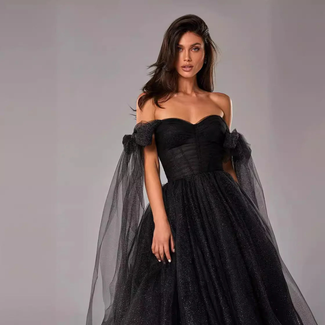 Ladies evening dress – A-line fit – Sheer overlay – Open back – Midi length - Image 4