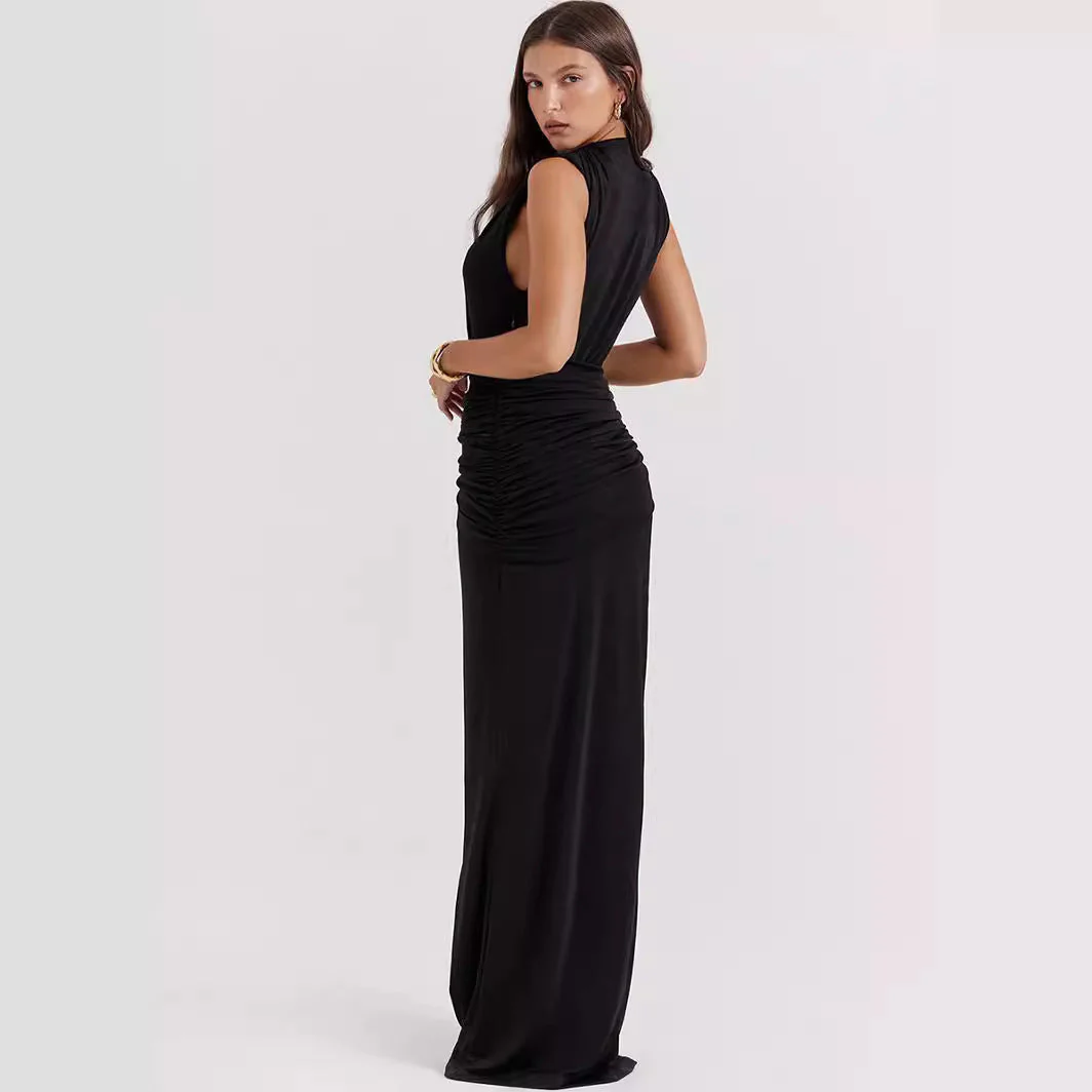 Ladies Evening Dress – Bodycon Fit – Deep V-Neck – High Split – Sleeveless – Ruched Waist - Image 2