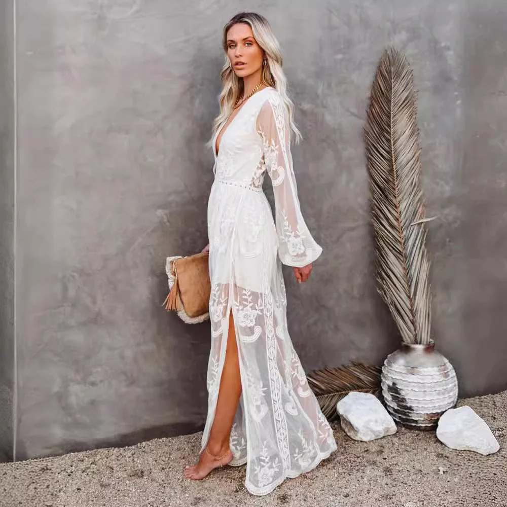 Ladies Evening Dress – Elegant Fitted Fit – V-Neck – Sheer Sleeves – High Split - Image 3