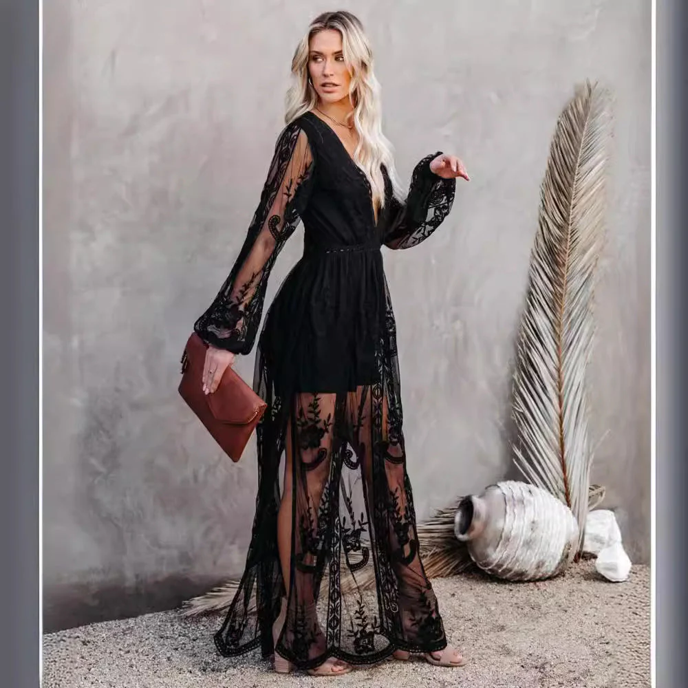 Ladies Evening Dress – Elegant Fitted Fit – V-Neck – Sheer Sleeves – High Split - Image 4