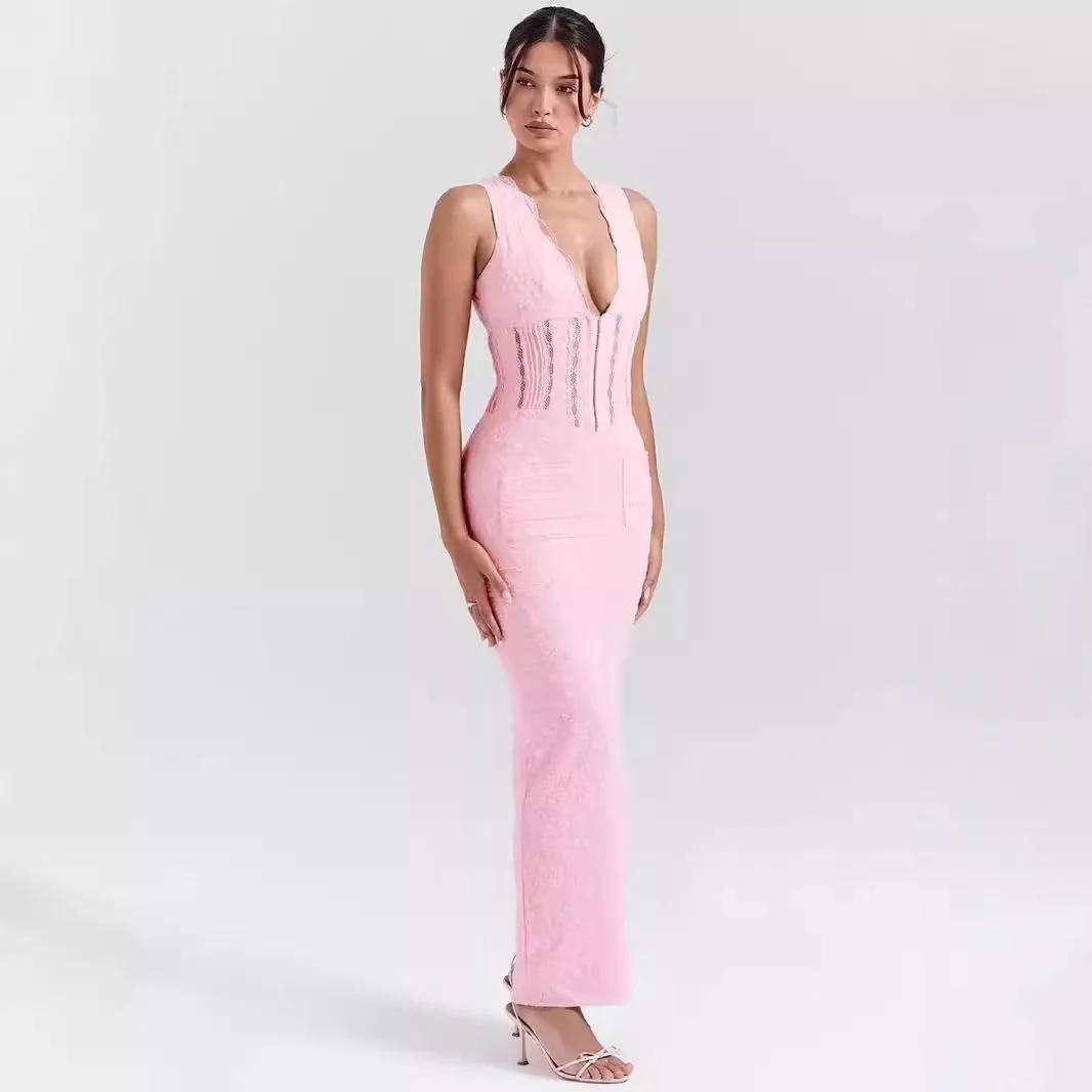 Ladies Evening Dress – Figure-hugging Model – Lace – Deep Neckline – Maxi Length - Image 2