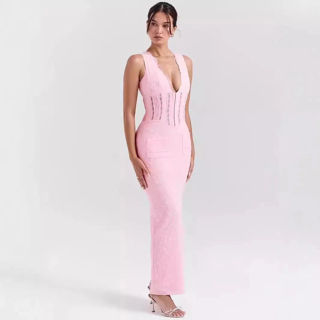 Ladies Evening Dress – Figure-hugging Model – Lace – Deep Neckline – Maxi Length - Image 4