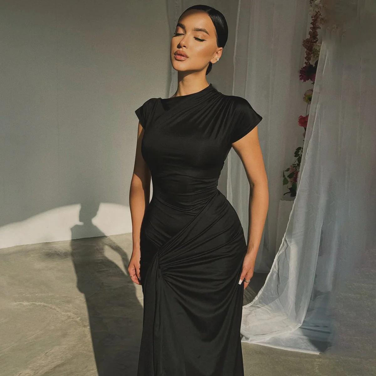 Ladies Evening Dress – Fitted Style – Luxury Fabric – Draped Waist – Short Sleeve - Image 2