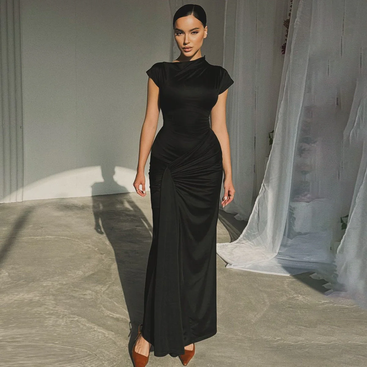 Ladies Evening Dress – Fitted Style – Luxury Fabric – Draped Waist – Short Sleeve - Image 3