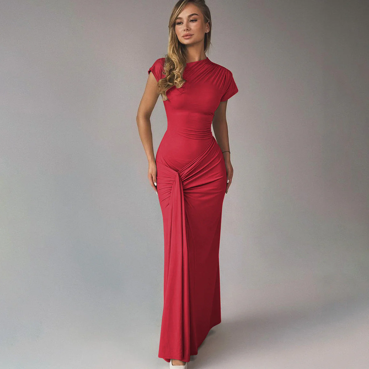 Ladies Evening Dress – Fitted Style – Luxury Fabric – Draped Waist – Short Sleeve - Image 4