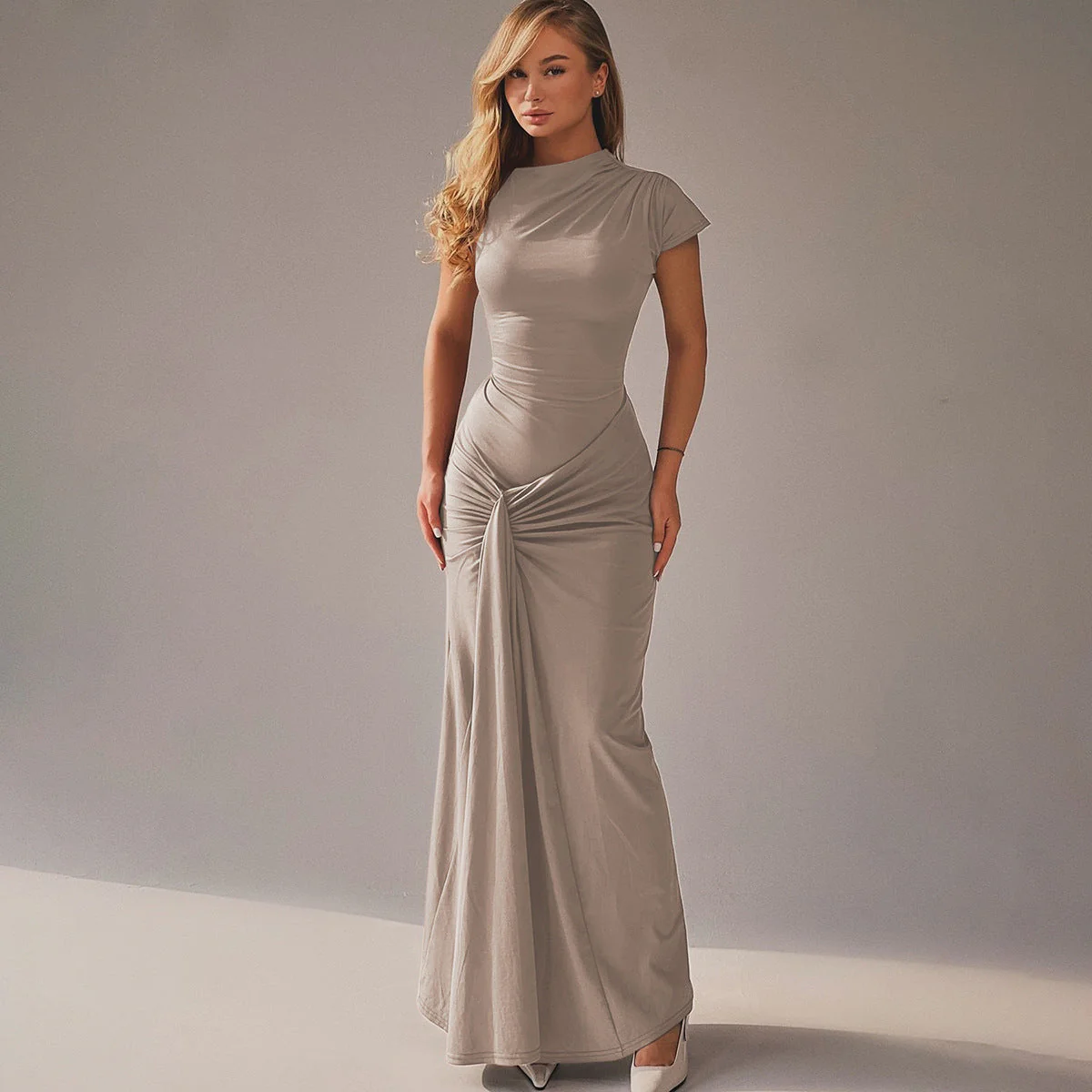Ladies Evening Dress – Fitted Style – Luxury Fabric – Draped Waist – Short Sleeve - Image 5