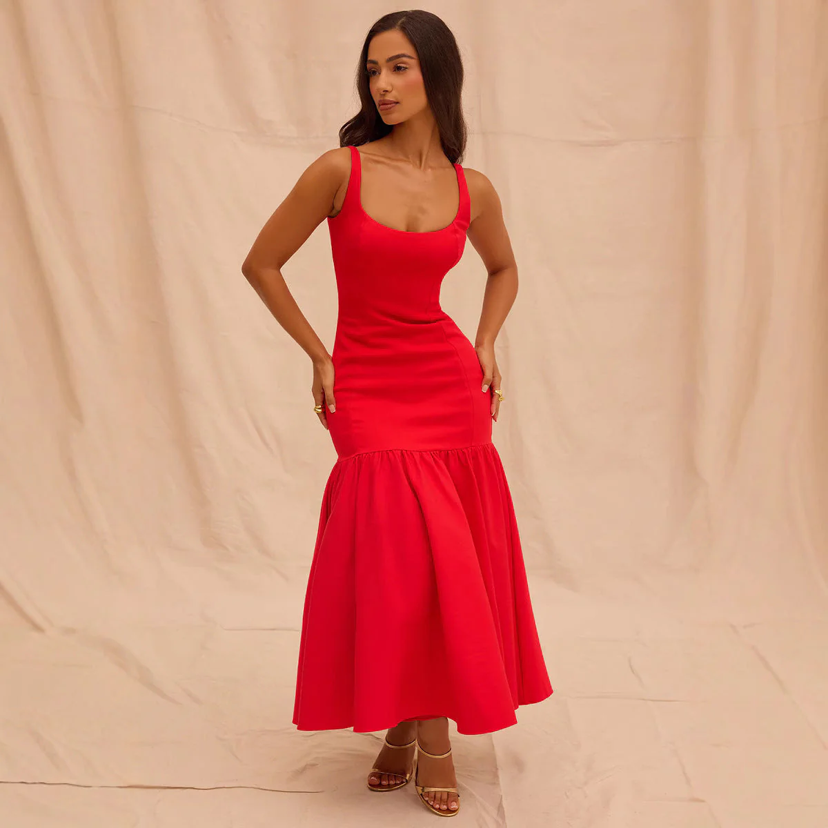 Ladies Evening Dress – Luxury Shiny Fabric – Fitted Model – Sleeveless – Midi Length - Image 2