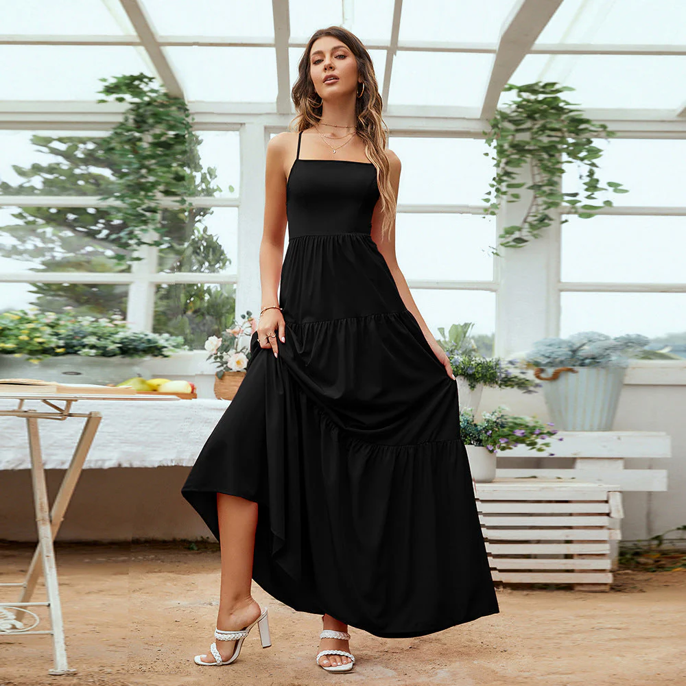 Ladies Evening Dress – Luxury Fabric – Fitted – Backless – Spaghetti Straps – Layered Skirt - Image 3