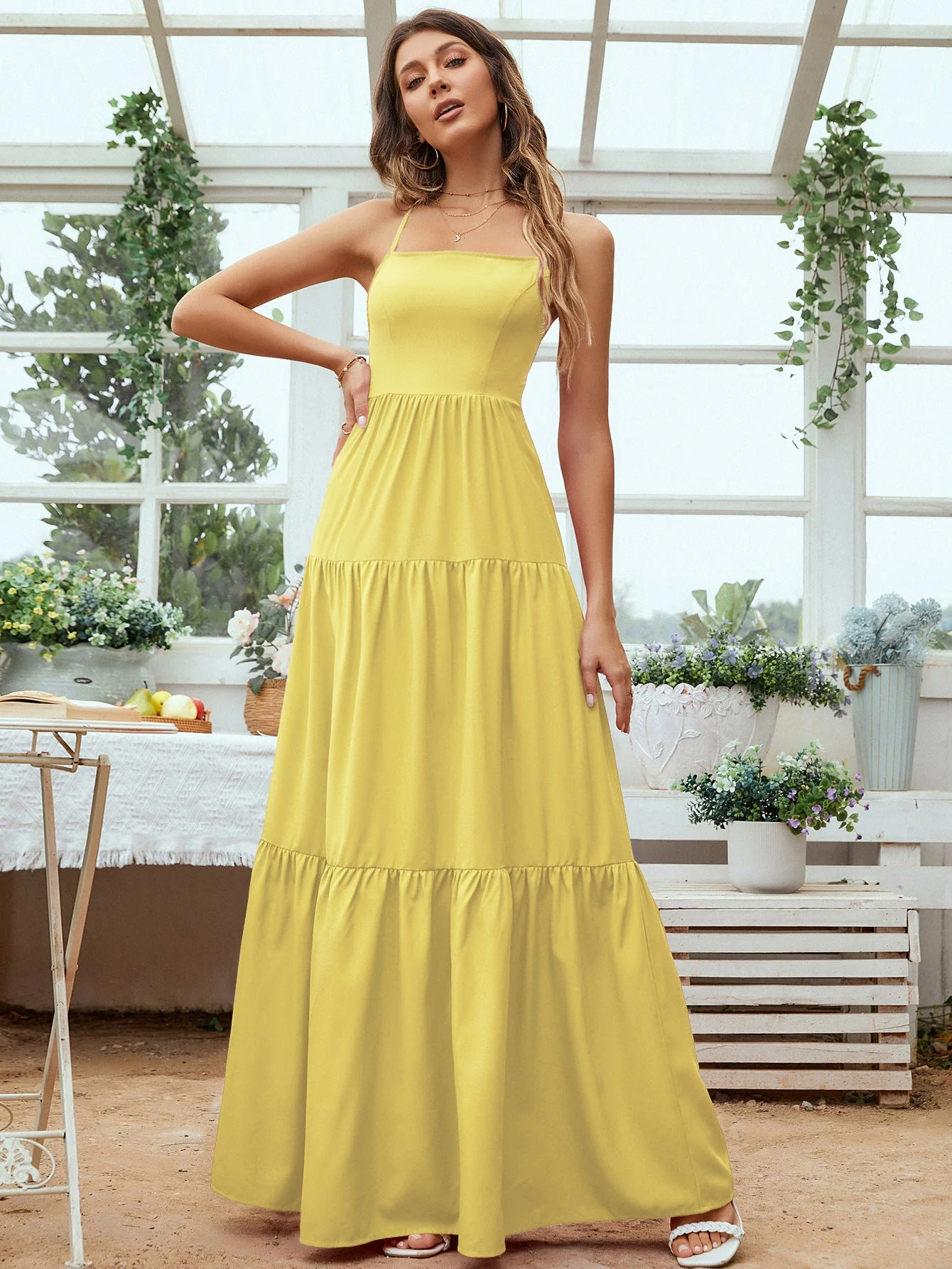 Ladies Evening Dress – Luxury Fabric – Fitted – Backless – Spaghetti Straps – Layered Skirt - Image 4