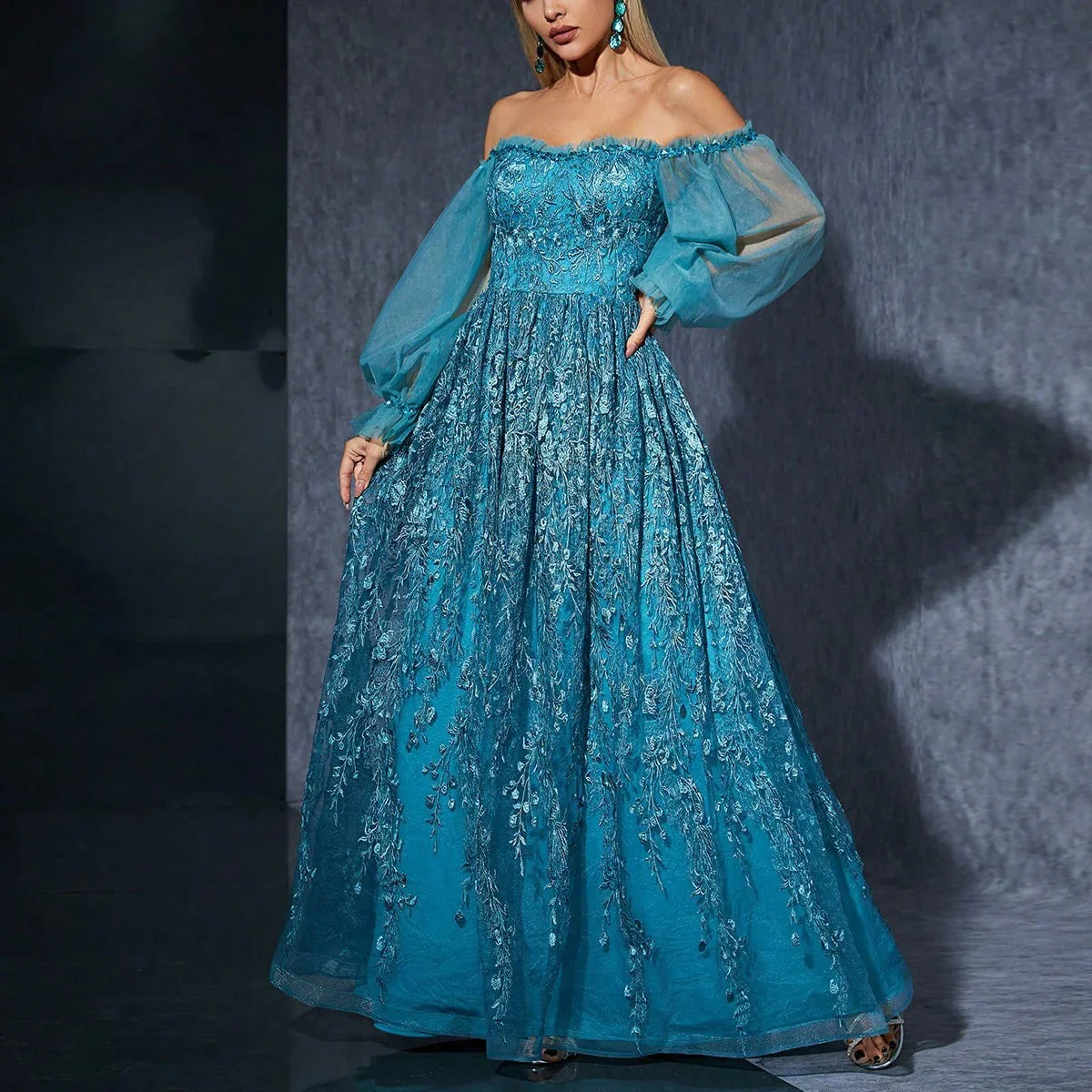 Ladies evening dress – Off shoulder – Embroidered bodice – Tulle – Long sleeves – Maxi length - Image 2