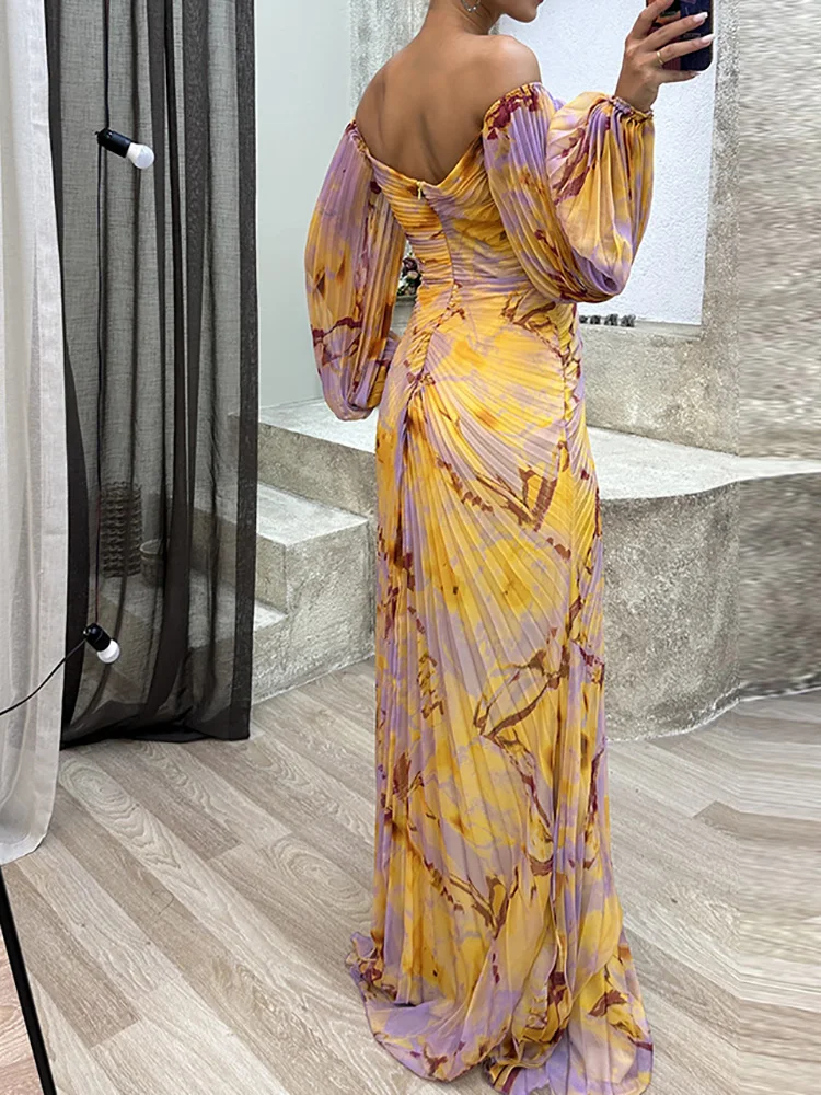 Ladies Evening Dress – Off Shoulder – V-Neck – Ruched Bodice – Pleated – Full Length - Image 3